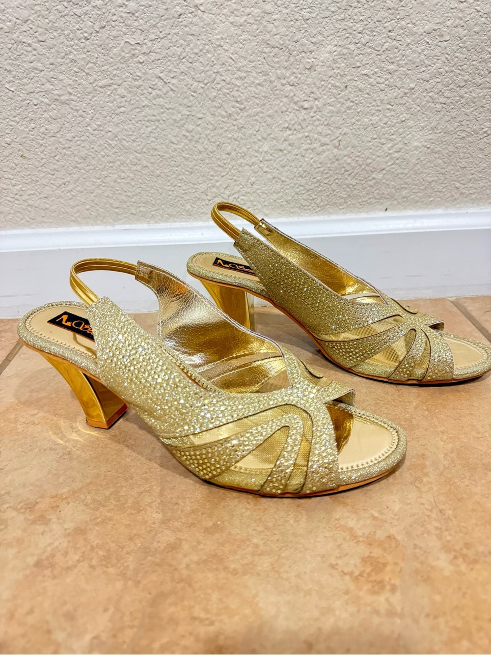 Gold Slingback Heels with Crystal Detail